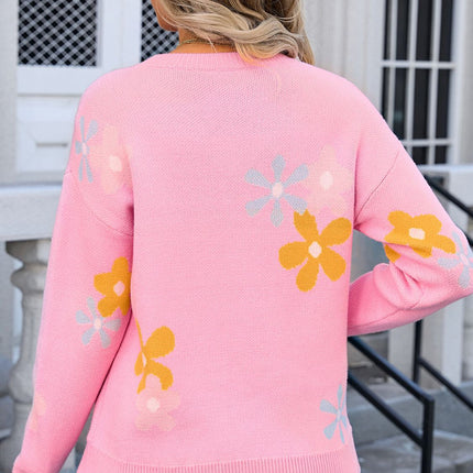 Flower Round Neck Dropped Shoulder Sweater