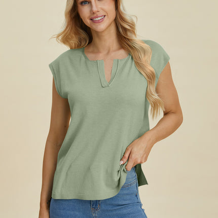 Double Take Full Size Notched Cap Sleeve Knit Top