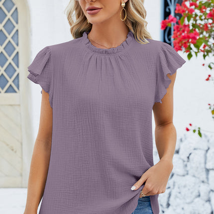 Ruffled Round Neck Cap Sleeve Blouse