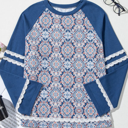 Lace Detail Geometric Round Neck Long Sleeve Top