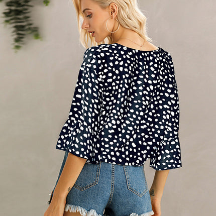 Tied Printed Button Up V-Neck Blouse