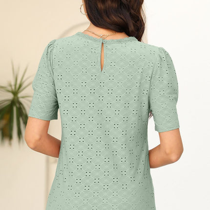 Eyelet Round Neck Short Sleeve T-Shirt