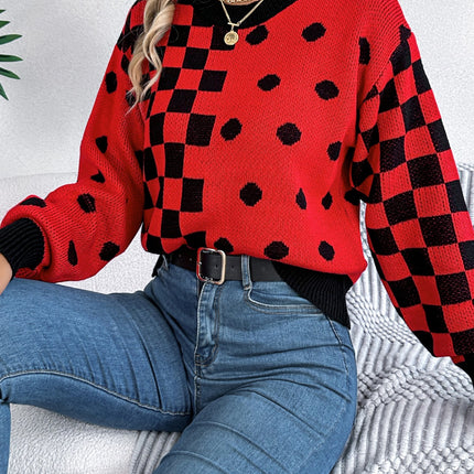 Plaid Round Neck Long Sleeve Sweater