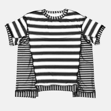 Full Size Contrast Stitching Striped Round Neck T-Shirt
