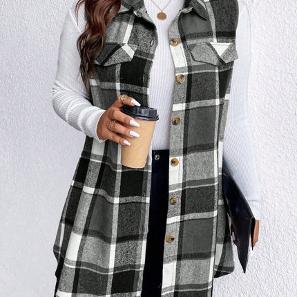 Honey Plus Size Pocketed Plaid Button Up Vest Coat - Vickie Lynn's