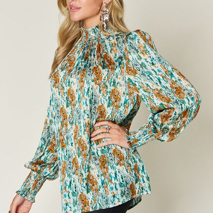 Double Take Full Size Printed Smocked Long Sleeve Blouse