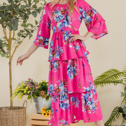 Celeste Full Size Floral Ruffle Tiered Midi Dress