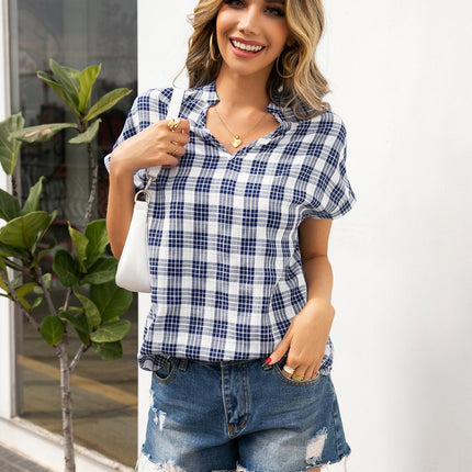 Plaid Notched Short Sleeve Blouse