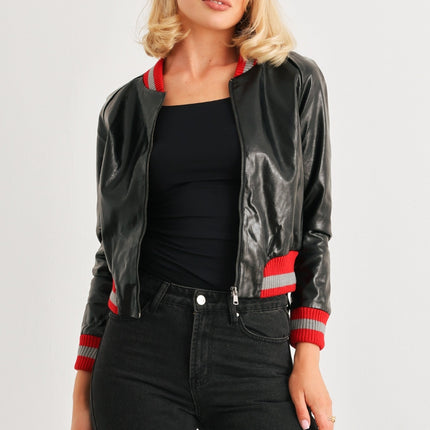 Comme PU Leather Baseball Collar Long Sleeve Jacket