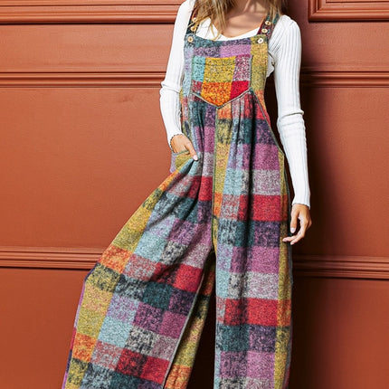 Double Take Full Size Plaid Sleeveless Fleece Wide Leg Jumpsuit