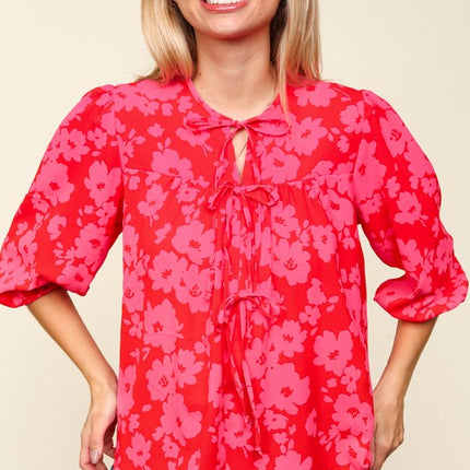 Haptics Full Size Ribbon Bow Floral Balloon Sleeve Blouse