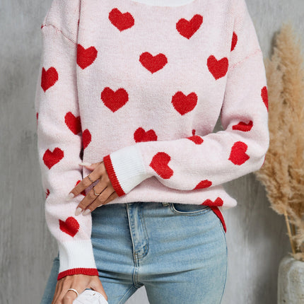 Angel Wings Contrast Trim Heart Round Neck Sweater