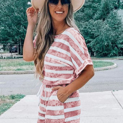 Striped Round Neck Top and Shorts Set