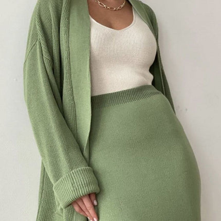 Pocketed Long Sleeve Cardigan and Skirt Sweater Set