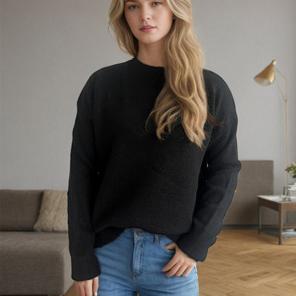 Round Neck Drop Shoulder Long Sleeve Sweater