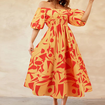 Printed Off-Shoulder Balloon Sleeve Dress