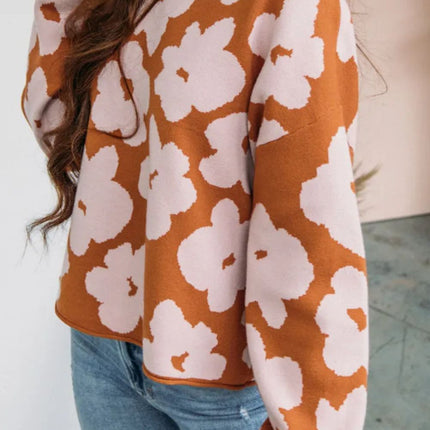 Flower Round Neck Long Sleeve Knit Top