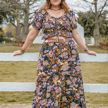 Plus Size Tie Neck Short Sleeve Top and Skirt Set