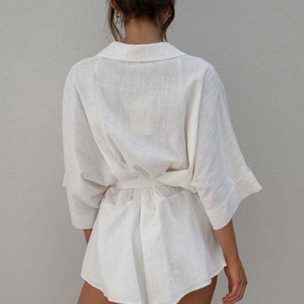 Tied Button Up Collared Neck Romper