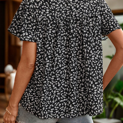 Lace Detail Floral Round Neck Short Sleeve Blouse