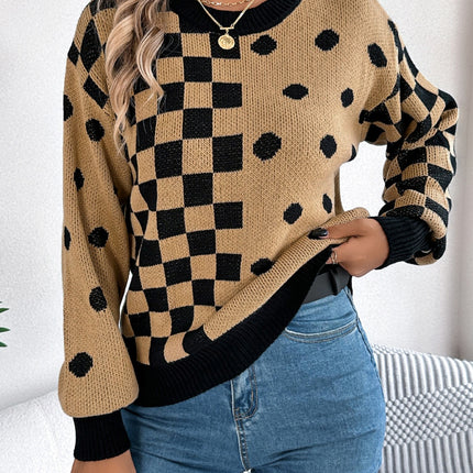 Plaid Round Neck Long Sleeve Sweater