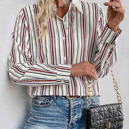 Perfee Contrast Striped Collared Neck Long Sleeve Shirt
