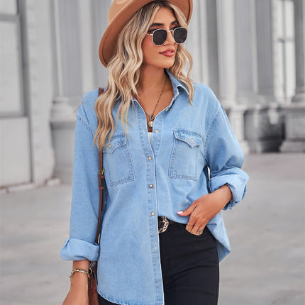 Collared Neck Dropped Shoulder Denim Top