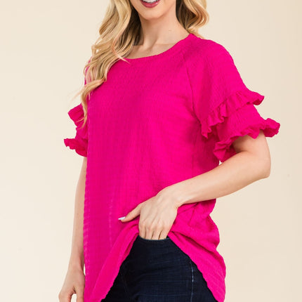 Celeste Full Size Ruffle Short Sleeve Texture Top