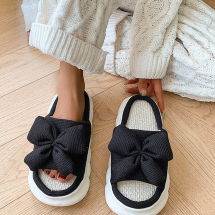 Bow Waffle-Knit Platform Slippers