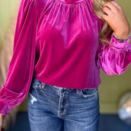 Ruched Round Neck Long Sleeve Blouse