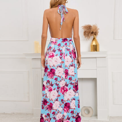 Slit Backless Printed Halter Neck Dress