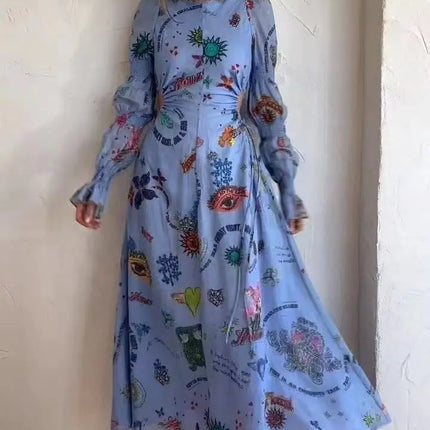 2023 Autumn Print Holiday Women Beach Dress With Belts A-line Long Lantern Sleeve Single Breasted Lapel Seaside Dresses Robe