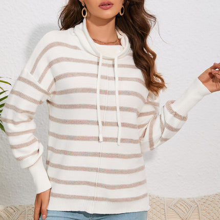 Double Take Cowl Neck Drawstring Dropped Shoulder Striped Print Blouse