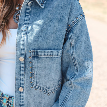 Studded Acid Wash Long Sleeve Denim Jacket