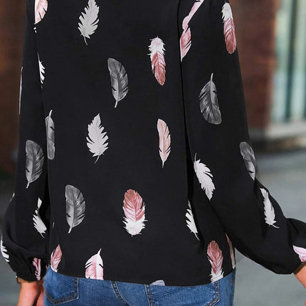 Feather Print Notched Balloon Sleeve Top