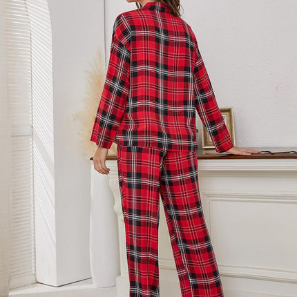 Plaid Collared Neck Long Sleeve Top and Pants Lounge Set