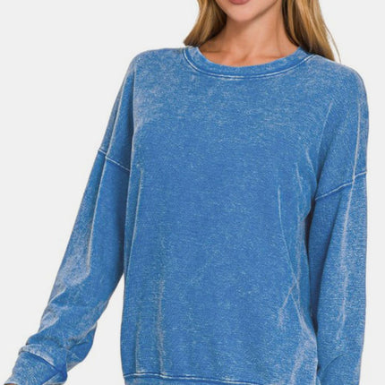 Zenana Washed Round Neck Dropped Shoulder Sweatshirt