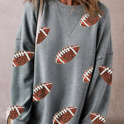 Sequin Football Round Neck Long Sleeve Sweatshirt