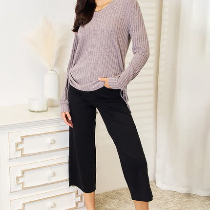 Double Take Drawstring Ribbed Long Sleeve T-Shirt