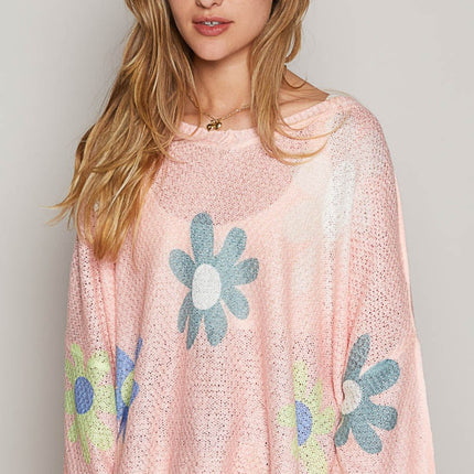 POL Flower Dropped Shoulder Long Sleeve Knit Top