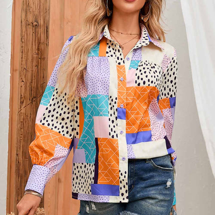 Double Take Patchwork Puff Sleeve Collared Shirt