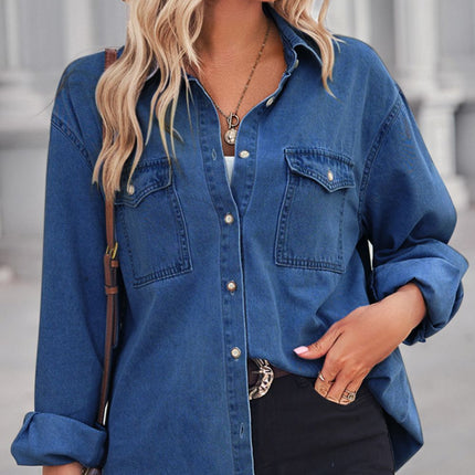 Collared Neck Dropped Shoulder Denim Top