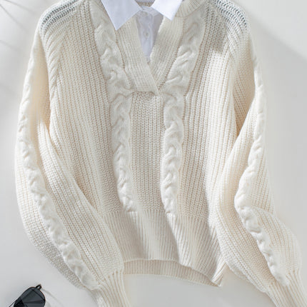 Cable-Knit Collared Neck Faux Layered Sweater