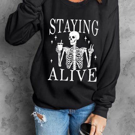 Skull Graphic Round Neck Long Sleeve Sweatshirt