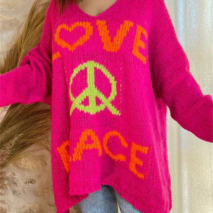 Peace Graphic V-Neck Long Sleeve Sweater