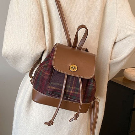 PU Leather Drawstring Plaid Backpack Bag