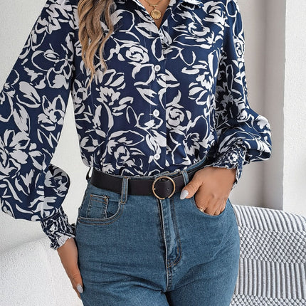 Printed Collared Neck Lantern Sleeve Shirt