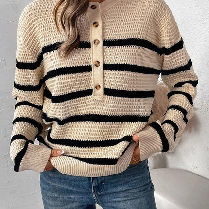 Perfee Striped Half Button Long Sleeve Sweater