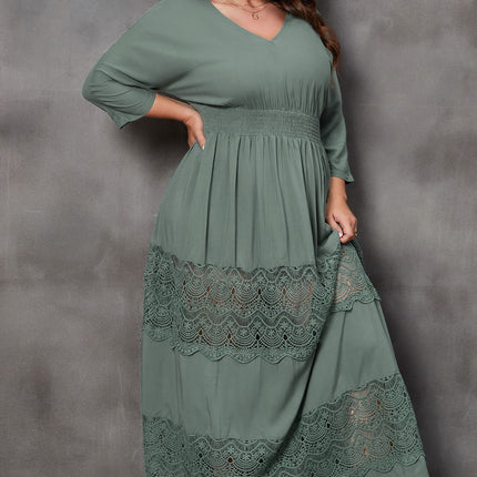 Plus Size Tied V-Neck Smocked Crochet Maxi Dress