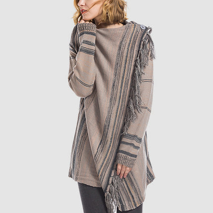 Angel Wings Tassel Striped Open Front Long Sleeve Cardigan